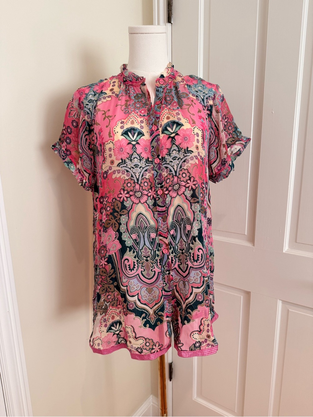 Johnny Was Pink Paisley-Print Short Sleeve Tunic